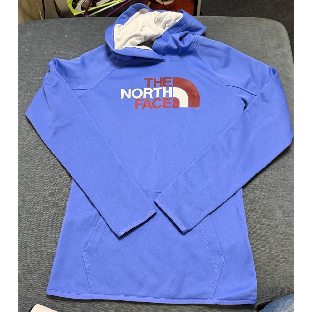 The North Face Womens XS Blue Pullover Hoodie Logo Sweatshirt Thumbholes
